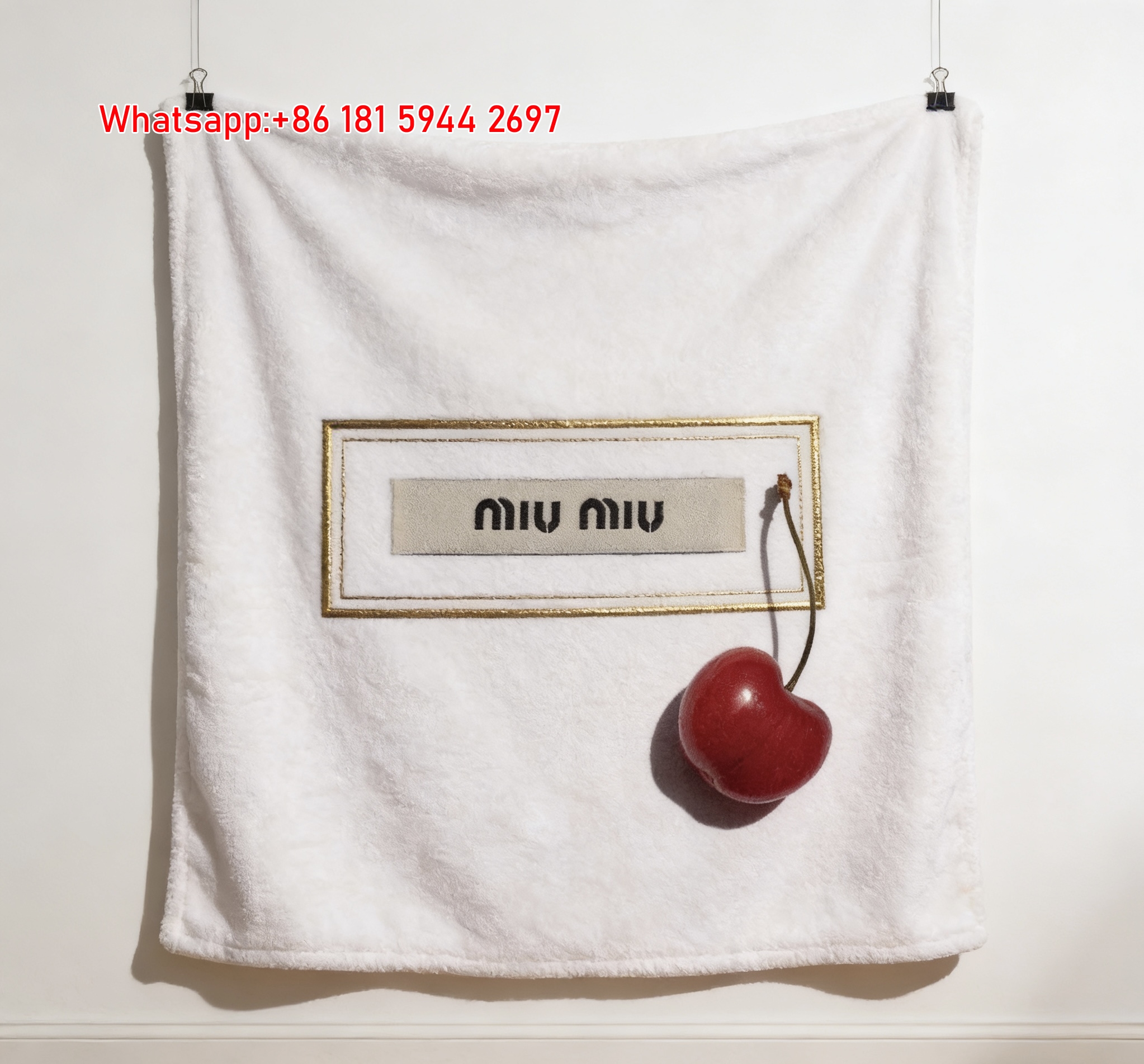 Miu Miu Cherry Gold Frame Off White Flannel Throw Blanket Miu Miu Label Printed Sofa Blanket IMG_0378
